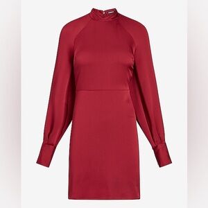 Express Red Wine Satin Mock Neck Balloon Sleeve Red Mini Holiday Winter Dresss